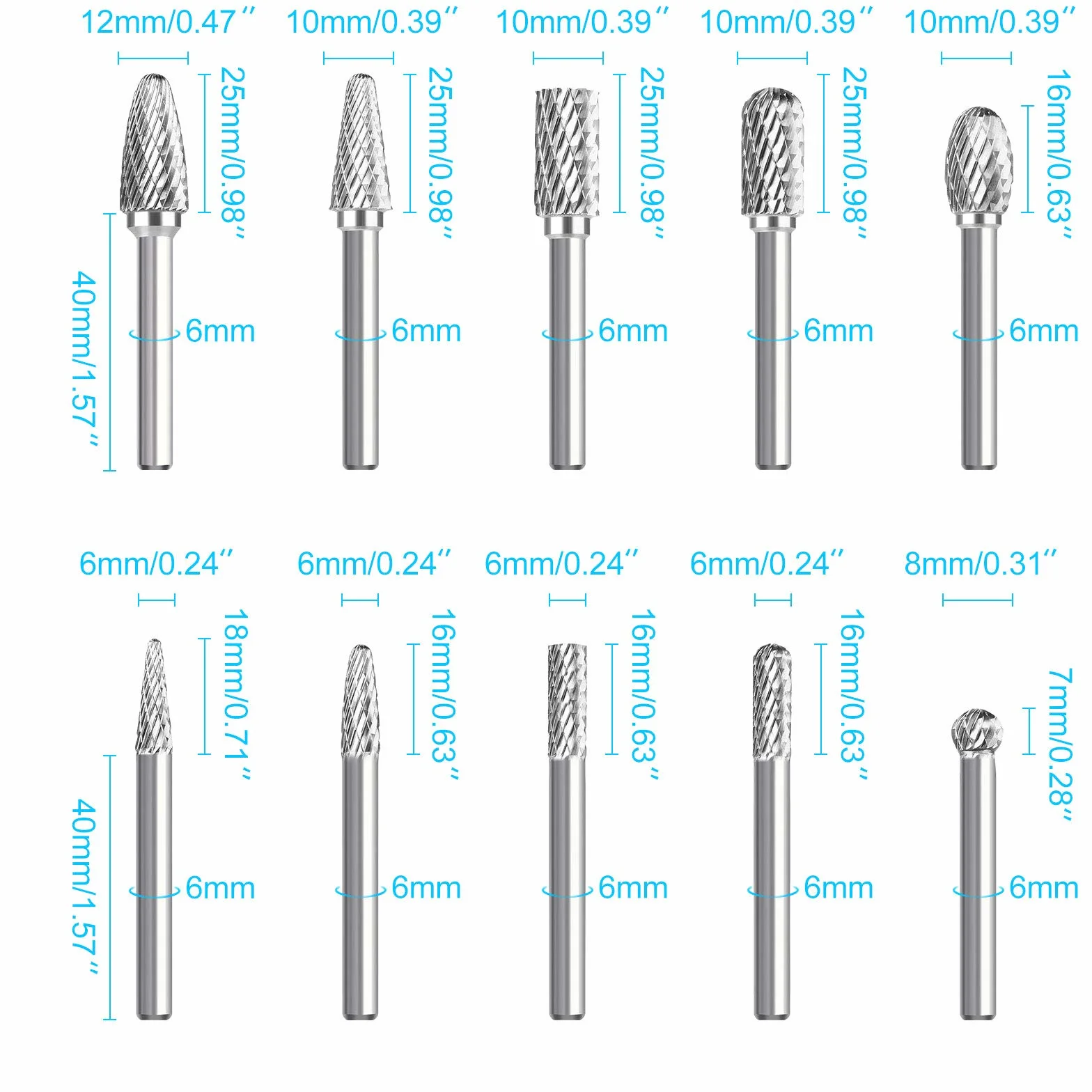 Linkstyle 10 Sztuk Zestaw Frezów z Trzpieniem Węglikowym 1/4" do Szlifowania Grawerowania