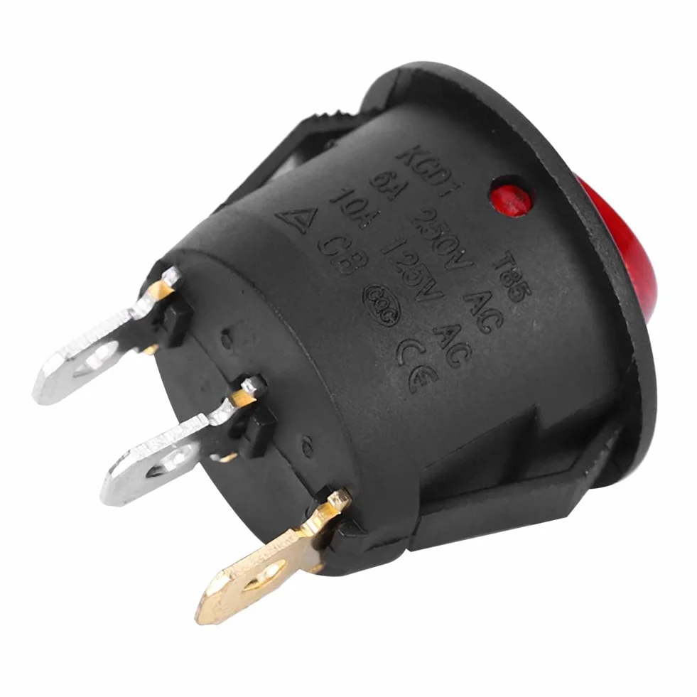 10 Sztuk AC 6A/250V 10A/125V Przełącznik Kołyskowy, Przełącznik NilightRocker 3Pin Okrągły Snap Rocker Przełącznik łodzi Czerwone światło Używane do Przełączników Sprzęt Agd