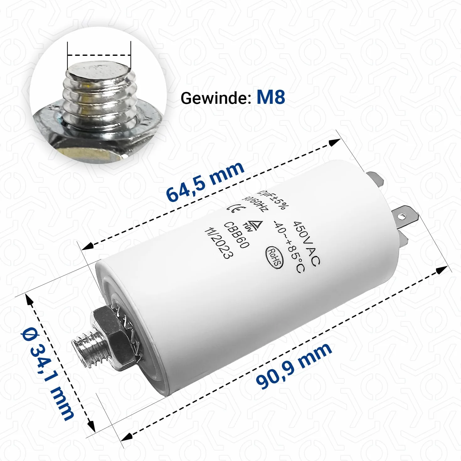 VIOKS Kondensator CBB60 12µF 450V rozruchowy uniwersalny z wtykami AMP 6,3mm i śrubą M8