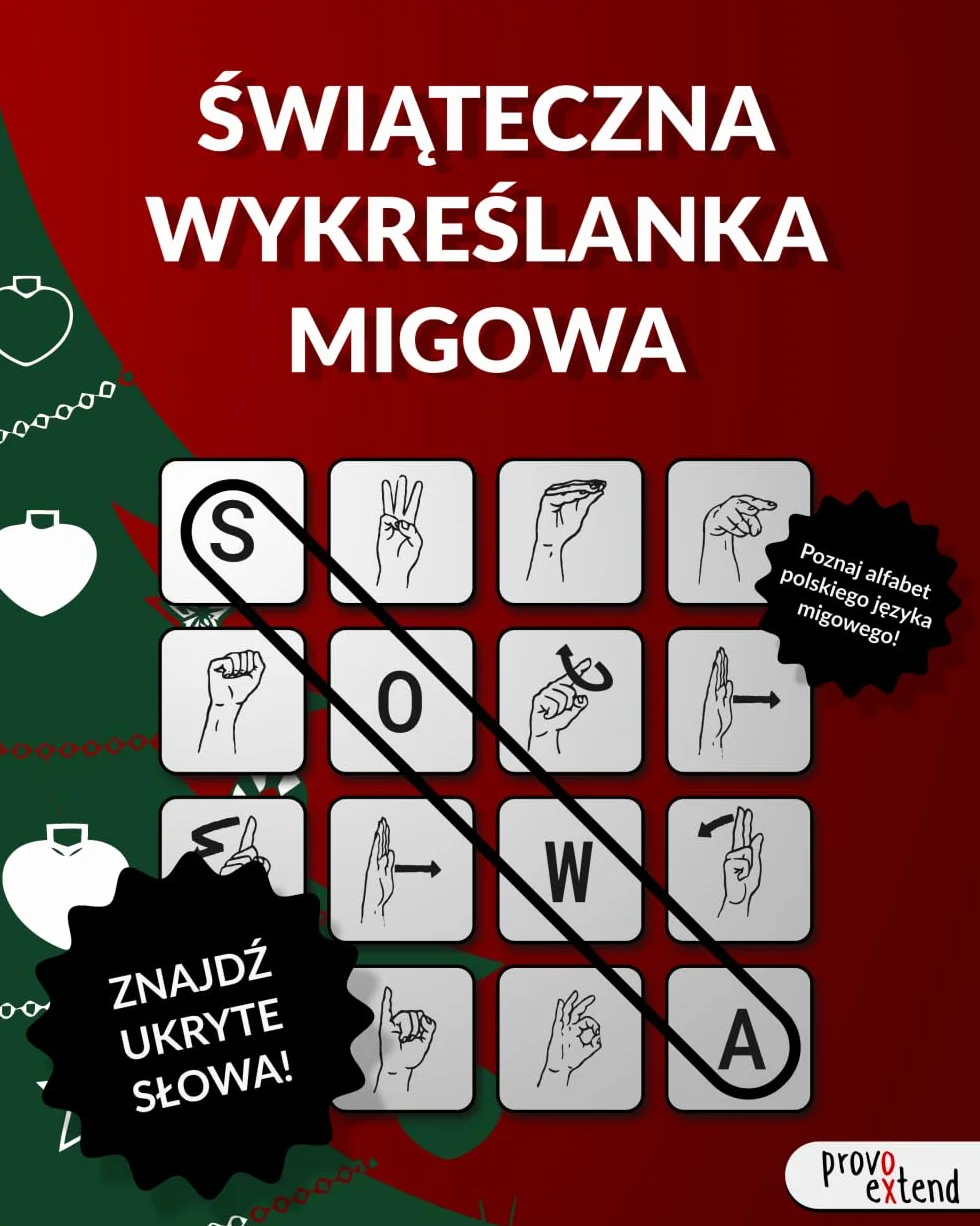 Świąteczna Wykreślanka Migowa: 50 zagadek PJM, alfabet polskiego języka migowego, ćwicz mózg, pamięć i kreatywność