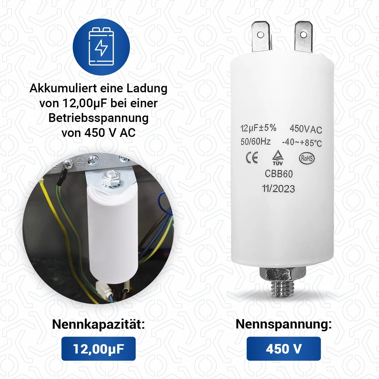 VIOKS Kondensator CBB60 12µF 450V rozruchowy uniwersalny z wtykami AMP 6,3mm i śrubą M8