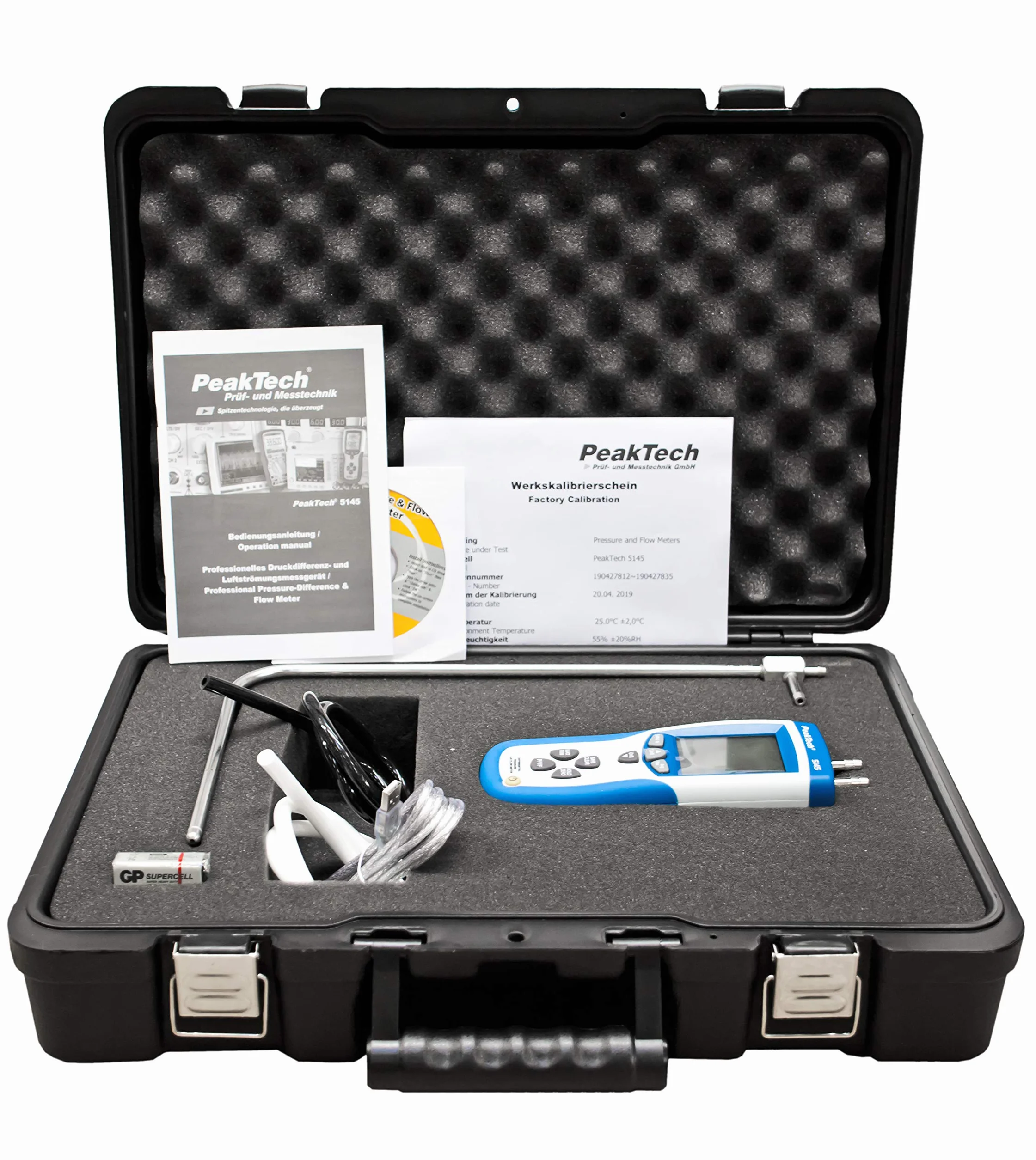PeakTech P 5145 miernik różnicowy 2 w 1 z rurą pitotu, manometr różnicowy USB, masa powietrza temperatura