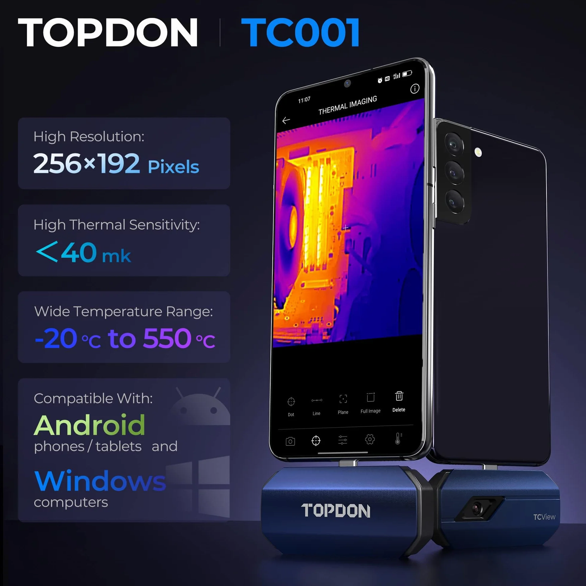 TOPDON TC001 Kamera termowizyjna, rozdzielczość 256 x 192, zakres testowy od -20°C do 550°C z dokładnością do 0,1 ℃, dla telefonów z systemem Android / tabletów i laptopów z systemem Windows