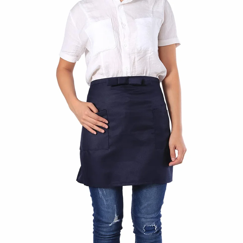 Fartuch w Talii z 2 Kieszeniami, Jednokolorowy Fartuch do Połowy Długości Polyerter Unisex Typu Bowknot Kelner Pół Fartuch dla Kobiet Mężczyźni Kelnerka Kelnerka (7 Kolorów)(Ciemny niebieski)