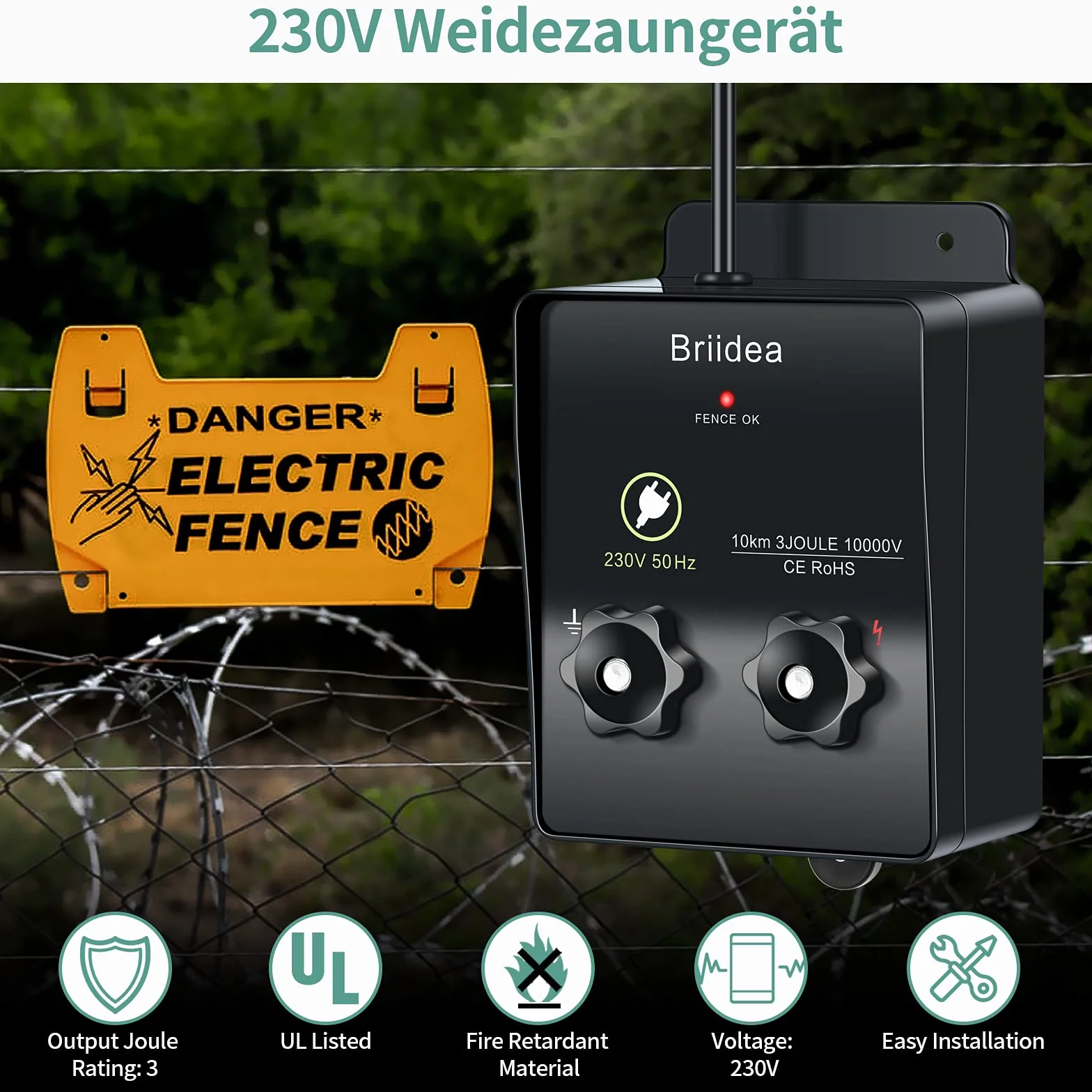 Briidea Elektryczne Urządzenie Ogrodzenia Pastwiskowego 230 V 6,2 mili 3 Dżule