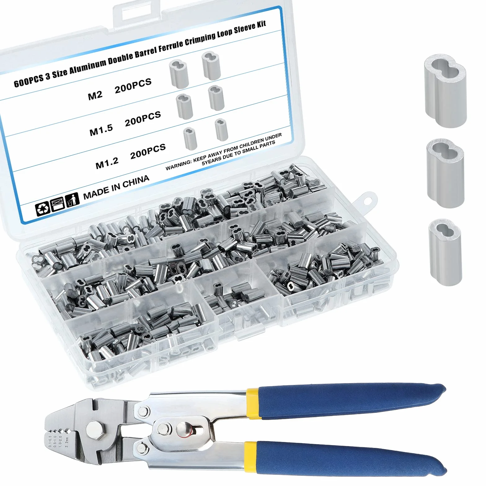 Zaciskarka do lin stalowych 2,2 mm, 150 szt. tulejek aluminiowych 3 rozmiary