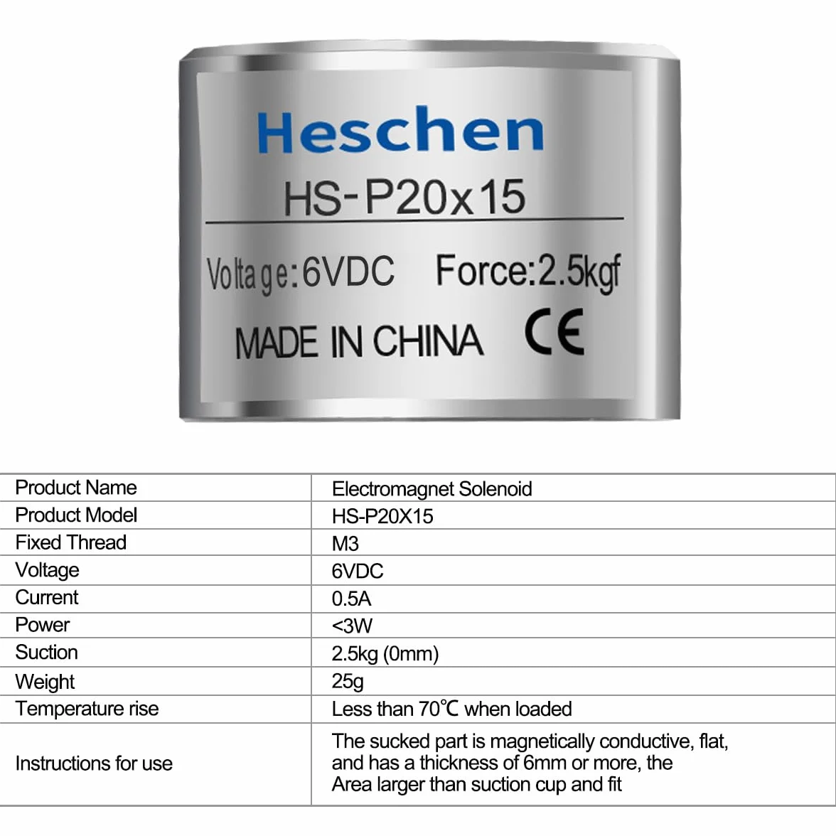 Heschen Elektromagnes P20-15 DC 6 V 20 mm 2,5 kg