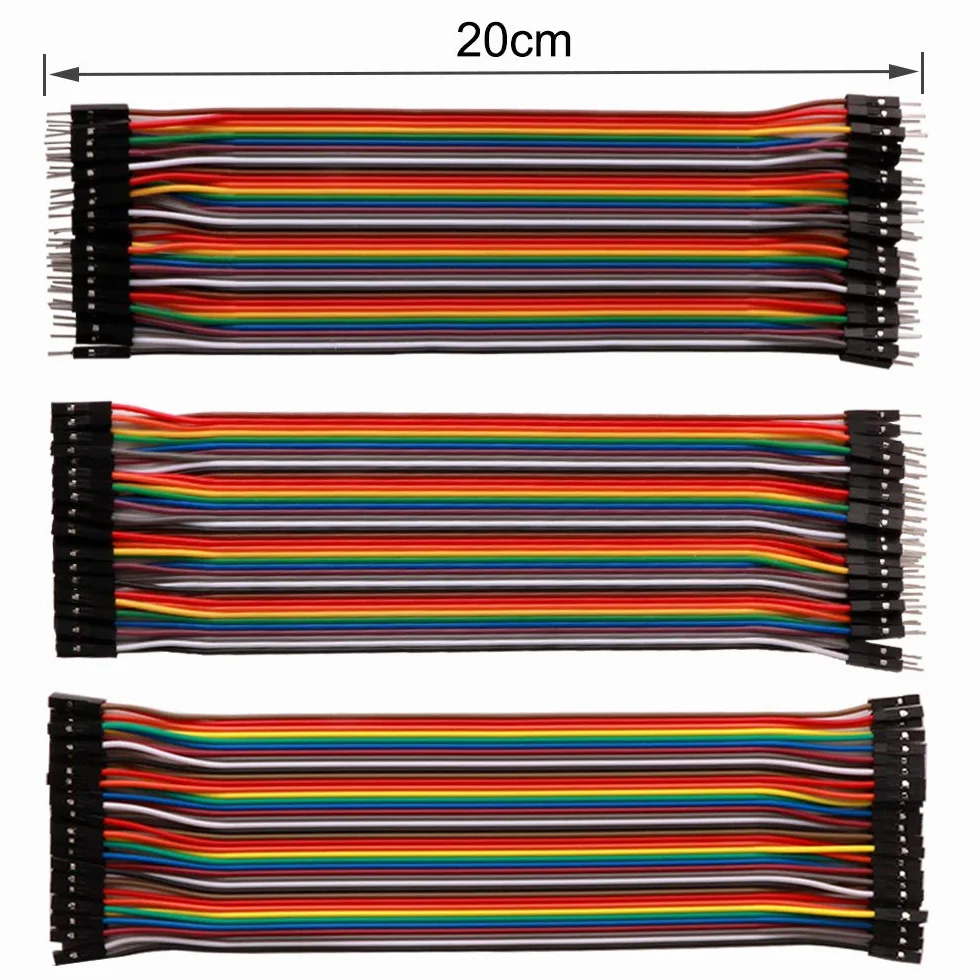FULARR® 120 szt. Premium 20 cm wielokolorowy zestaw drutów DuPont, 3 w 1 bezszwowy elastyczny kabel do chleba, 40-pinowy męsko-męski, 40-pinowy żeńsko-żeński, 40-pinowy męsko-żeński, dla Arduino